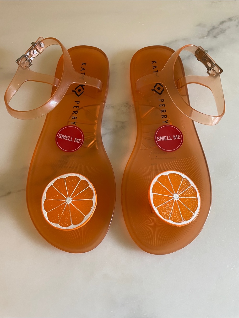 Katy Perry Collections Orange Jelly Sandals with Citrus Embellishment, Size 6